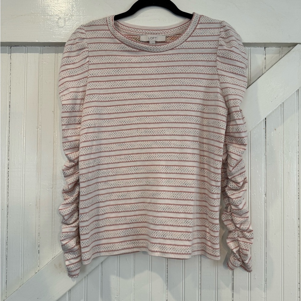 LOFT Pink Striped Pointelle Ruched Sleeve Top Medium - Picture 3 of 10